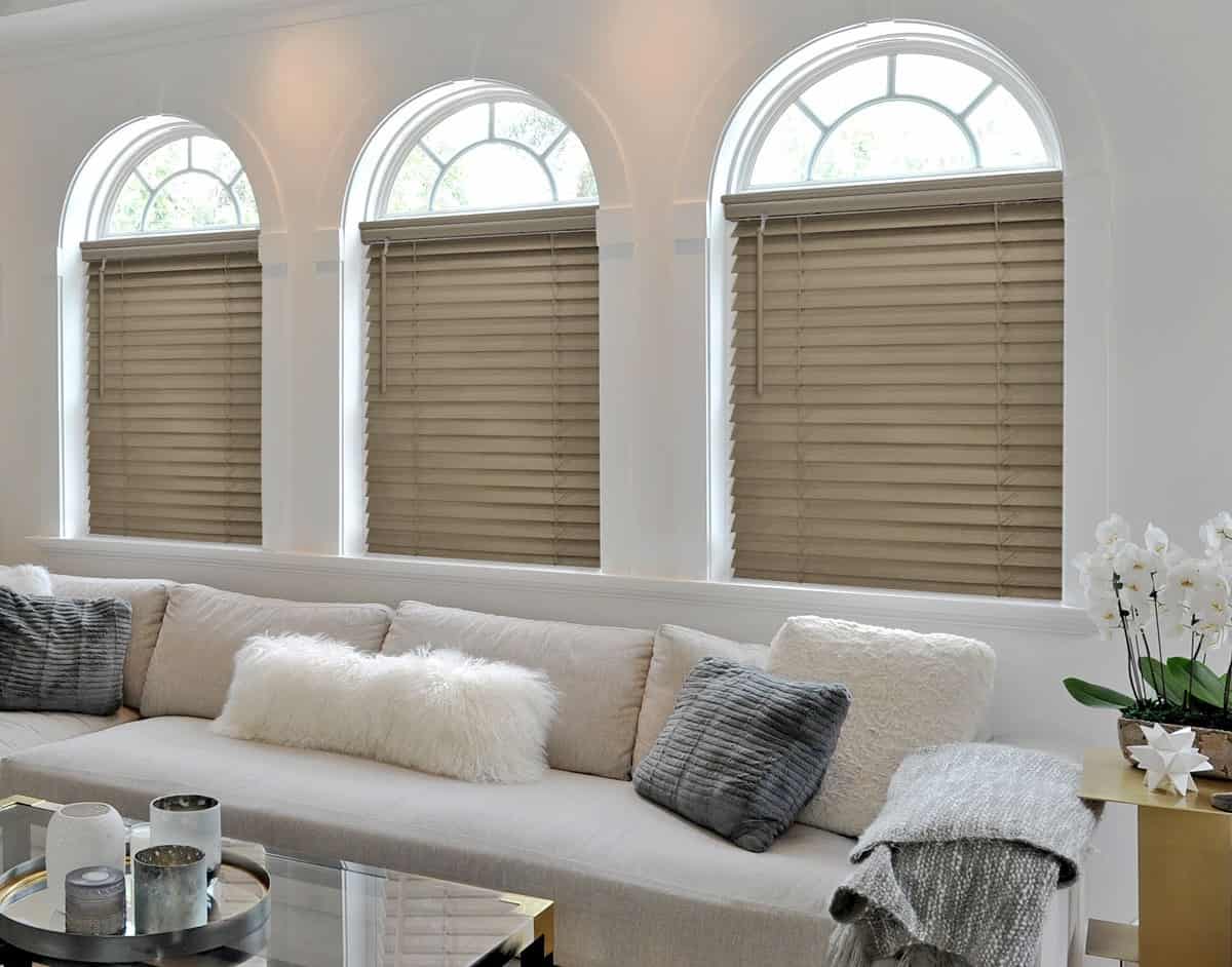 Light brown window blinds in living room