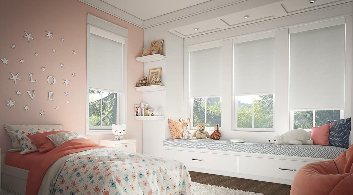 Bedroom with pink walls and white roll down shades opened halfway