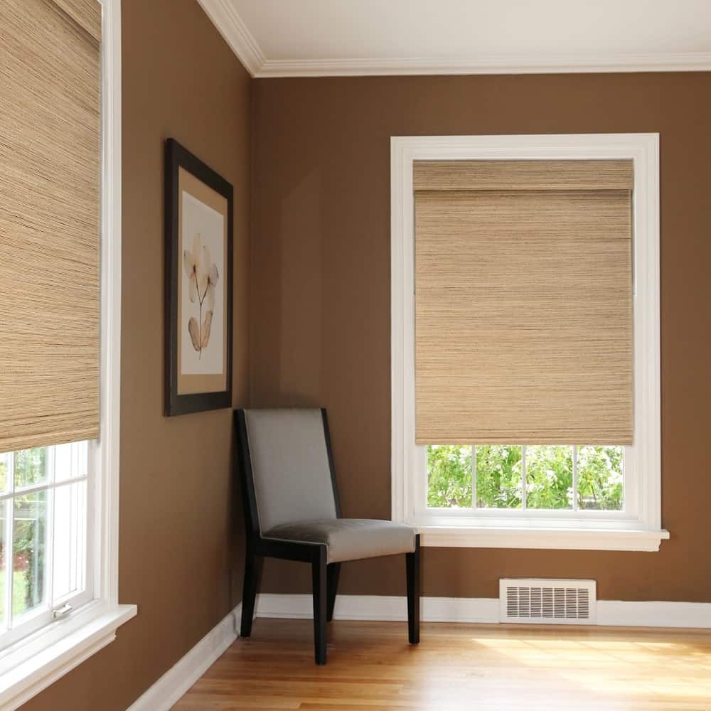 Slightly opened woven shades in bedroom